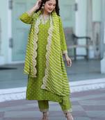 Women Bandhani Printed Empire Thread Work Kurta with Trousers & With Dupatta