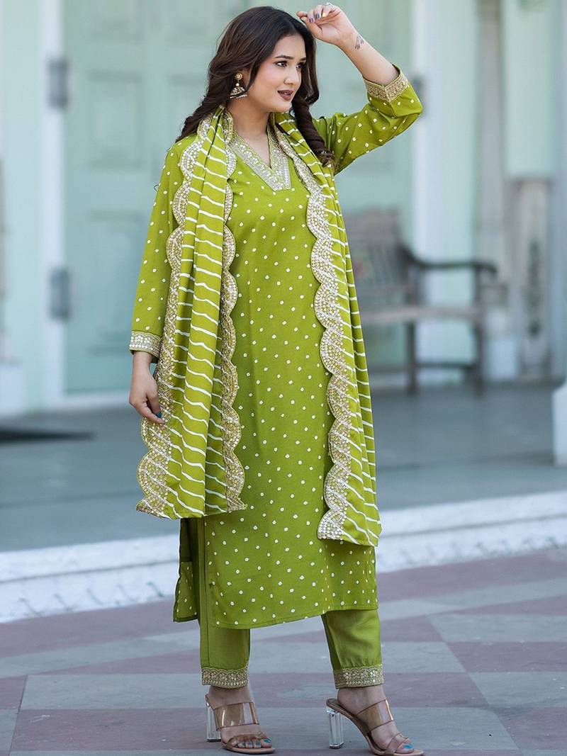 Women Bandhani Printed Empire Thread Work Kurta with Trousers & With Dupatta