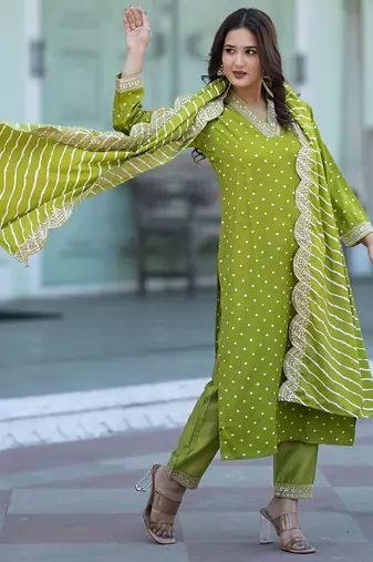Women Bandhani Printed Empire Thread Work Kurta with Trousers & With Dupatta