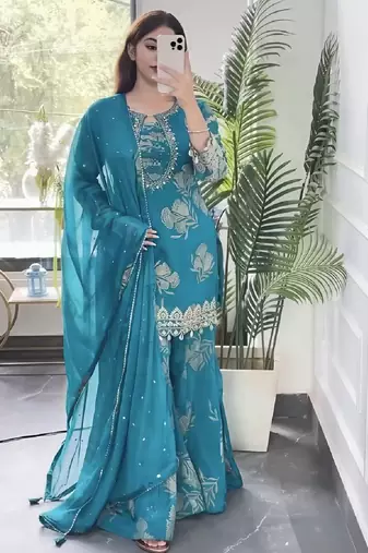 Teal blue embroidered kurta set with palazzo and dupatta for women