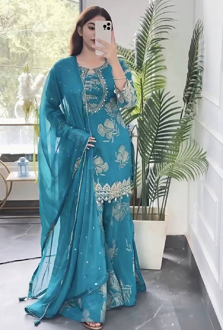 Teal blue embroidered kurta set with palazzo and dupatta for women