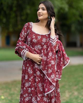 Women Floral Printed Empire Gotta Patti Kurta with Trousers & With Dupatta 5