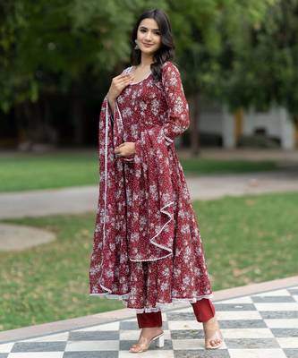 Women Floral Printed Empire Gotta Patti Kurta with Trousers & With Dupatta 6
