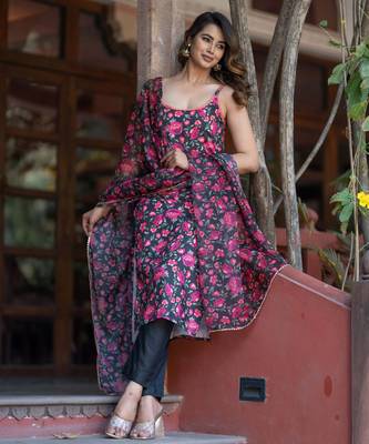 Floral Printed Empire Flared Anarkali Kurta With Trousers & Dupatta 1