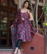 Floral Printed Empire Flared Anarkali Kurta With Trousers & Dupatta