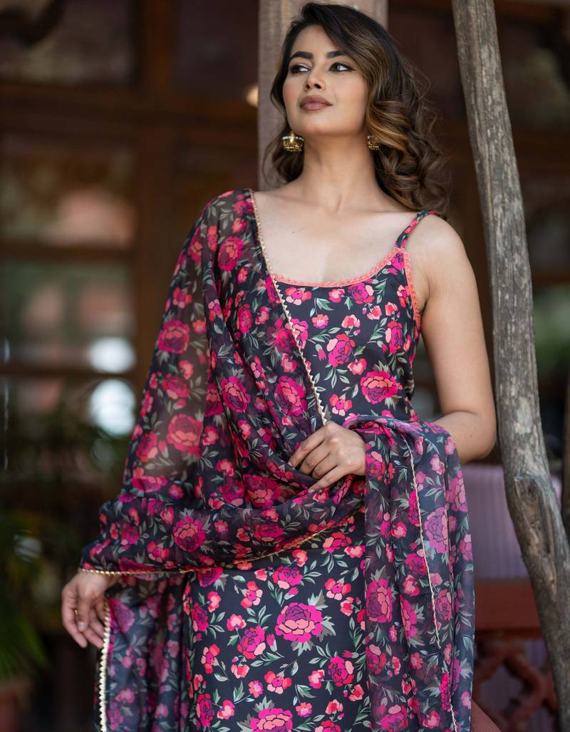 Floral Printed Empire Flared Anarkali Kurta With Trousers & Dupatta