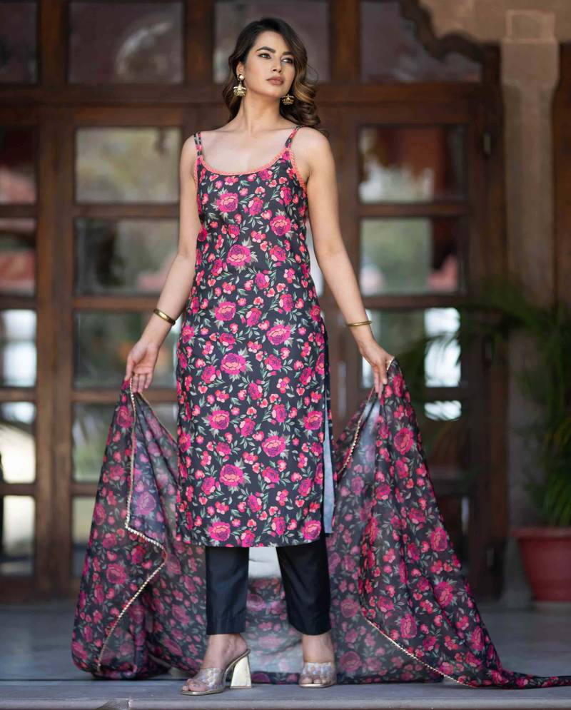 Floral Printed Empire Flared Anarkali Kurta With Trousers & Dupatta