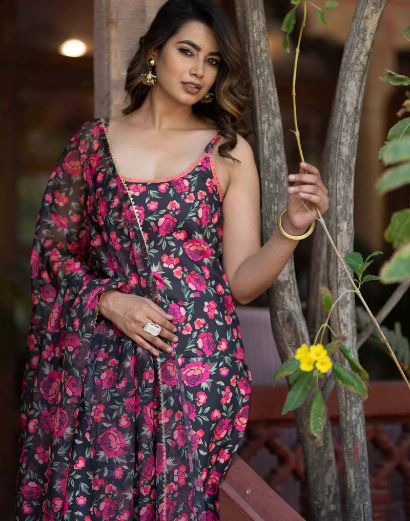 Floral Printed Empire Flared Anarkali Kurta With Trousers & Dupatta