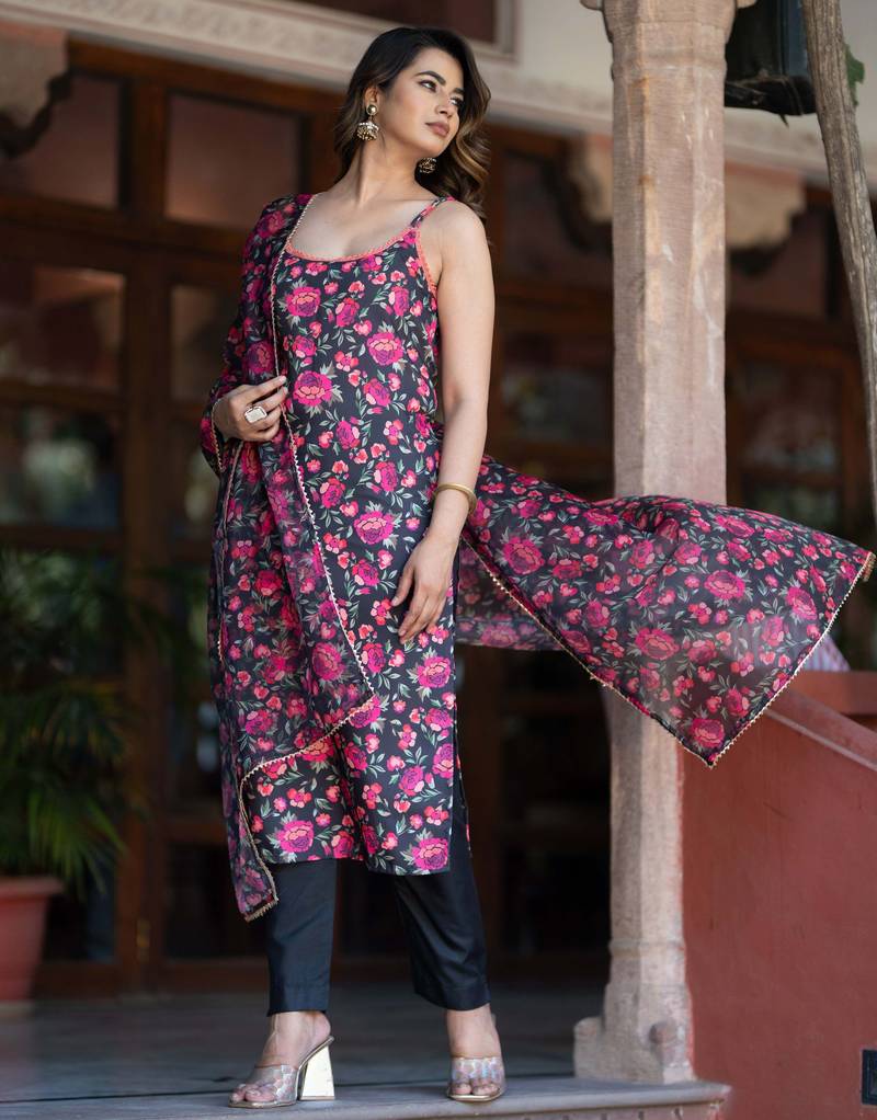 Floral Printed Empire Flared Anarkali Kurta With Trousers & Dupatta