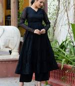 Paisley Woven Design V-Neck Tiered Georgette Anarkali Kurta with Palazzo and Belt