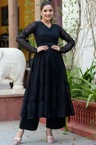 Paisley Woven Design V-Neck Tiered Georgette Anarkali Kurta with Palazzo and Belt