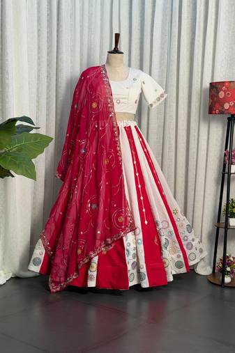 White  Lehenga Choli with Pink Embroidered Dupatta- Full stitched free size