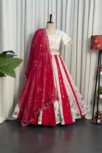 White  Lehenga Choli with Pink Embroidered Dupatta- Full stitched free size
