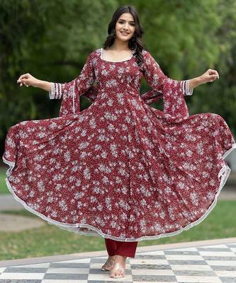 Floral Printed Georgette Empire Kurta With Trousers & Dupatta 1