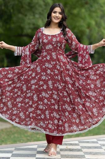 Floral Printed Georgette Empire Kurta With Trousers & Dupatta