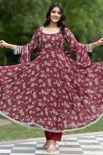 Floral Printed Georgette Empire Kurta With Trousers & Dupatta