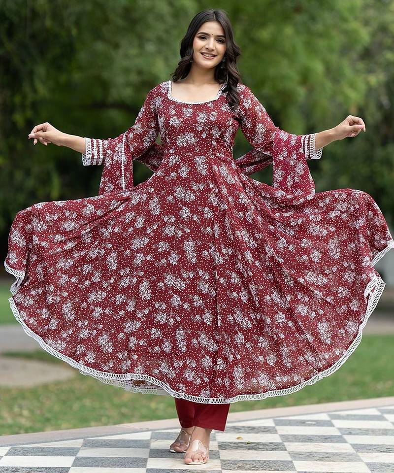 Floral Printed Georgette Empire Kurta With Trousers & Dupatta