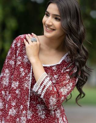 Floral Printed Georgette Empire Kurta With Trousers & Dupatta 2