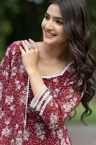 Floral Printed Georgette Empire Kurta With Trousers & Dupatta