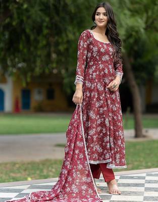 Floral Printed Georgette Empire Kurta With Trousers & Dupatta 3