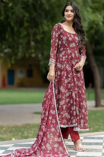 Floral Printed Georgette Empire Kurta With Trousers & Dupatta