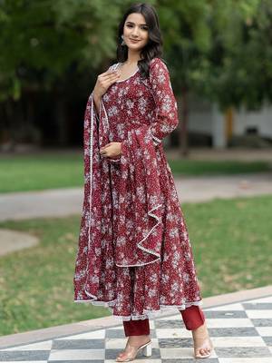 Floral Printed Georgette Empire Kurta With Trousers & Dupatta 4