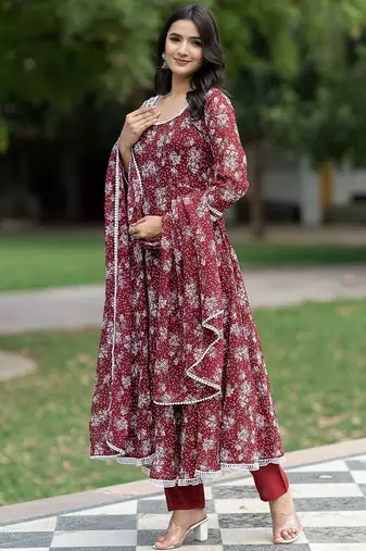 Floral Printed Georgette Empire Kurta With Trousers & Dupatta
