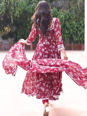 Floral Printed Georgette Empire Kurta With Trousers & Dupatta 5