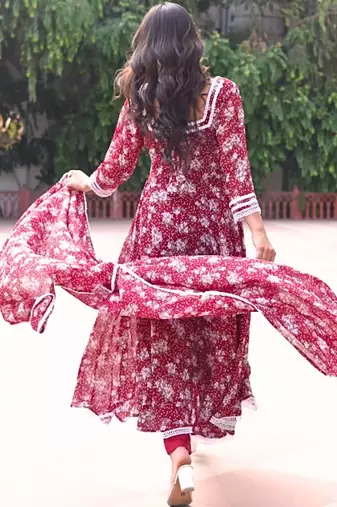 Floral Printed Georgette Empire Kurta With Trousers & Dupatta