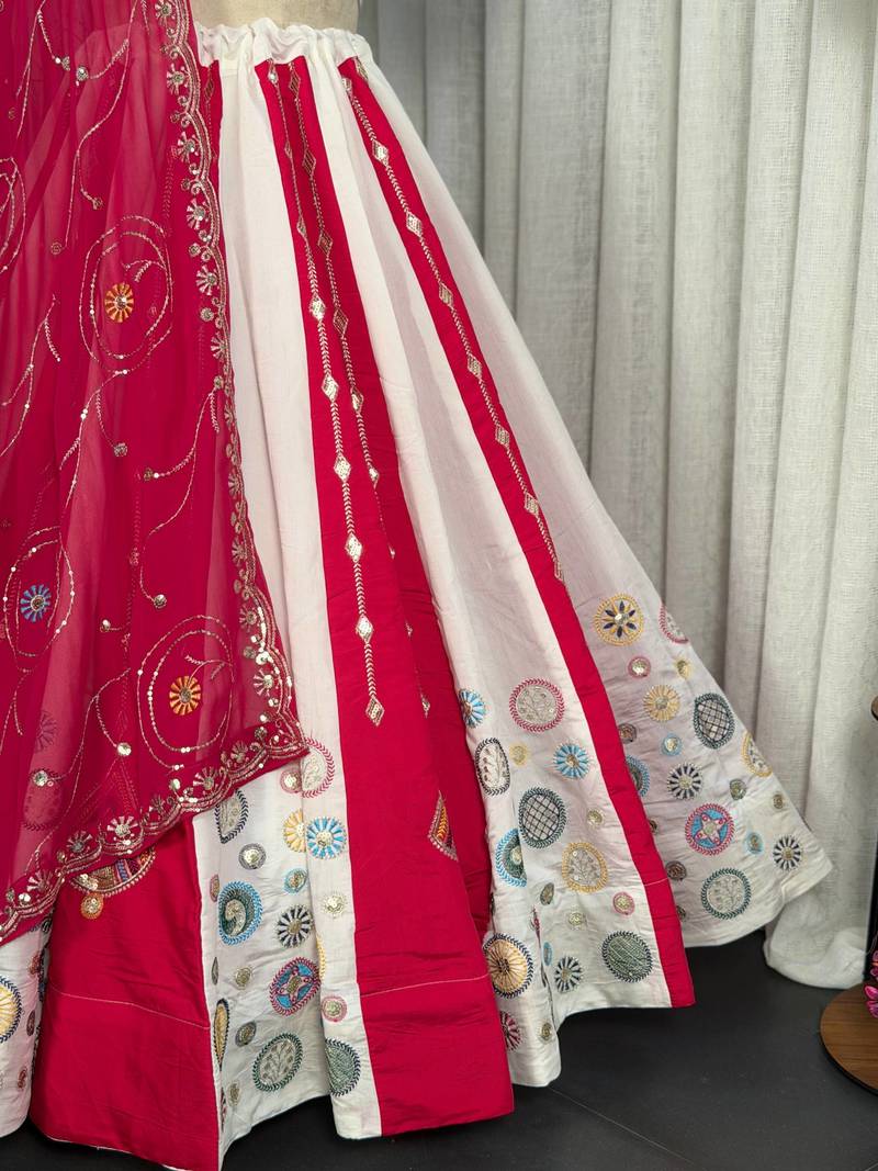 White  Lehenga Choli with Pink Embroidered Dupatta- Full stitched free size
