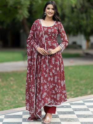Floral Printed Georgette Empire Kurta With Trousers & Dupatta 6
