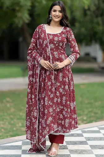 Floral Printed Georgette Empire Kurta With Trousers & Dupatta