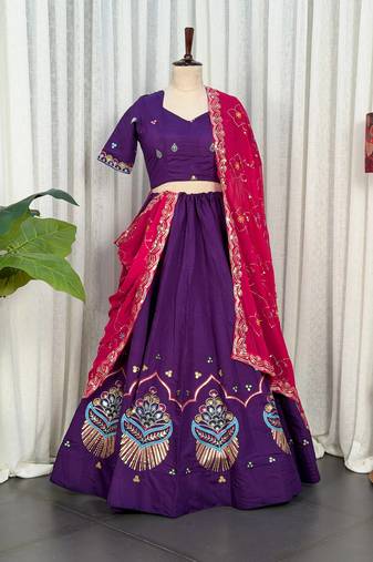  Purple Roman Silk Lehenga Choli- Full stitched free size