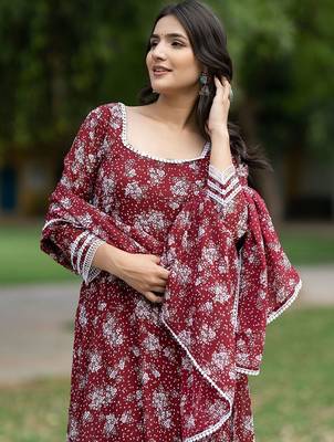 Floral Printed Georgette Empire Kurta With Trousers & Dupatta 7