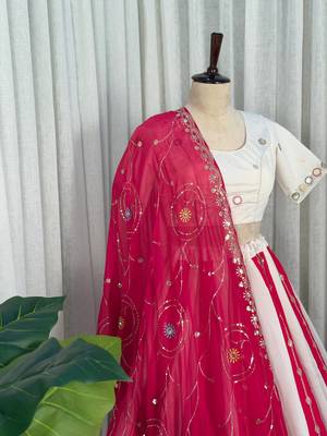White  Lehenga Choli with Pink Embroidered Dupatta- Full stitched free size 4
