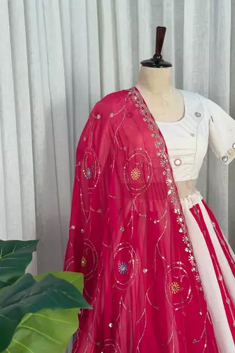 White  Lehenga Choli with Pink Embroidered Dupatta- Full stitched free size