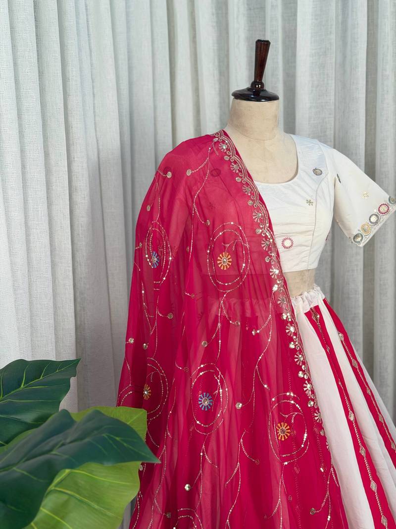 White  Lehenga Choli with Pink Embroidered Dupatta- Full stitched free size