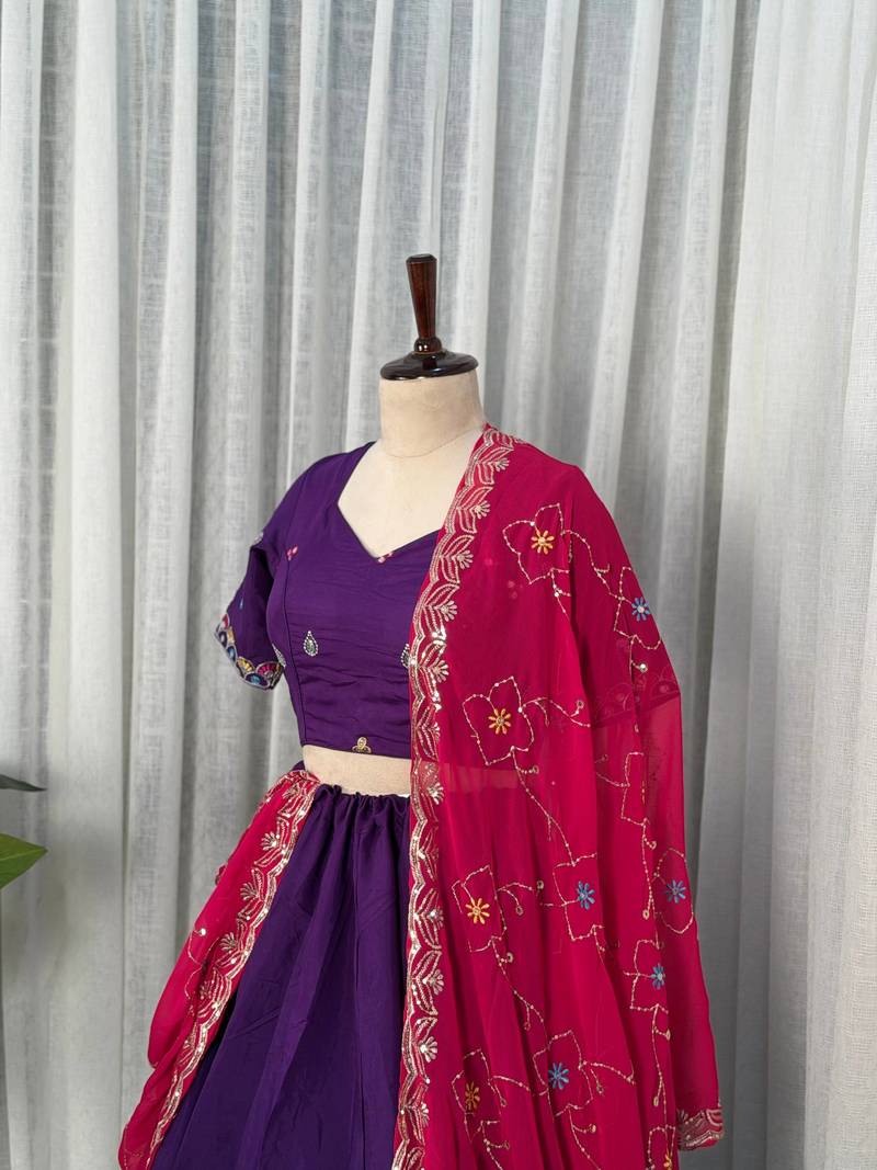  Purple Roman Silk Lehenga Choli- Full stitched free size