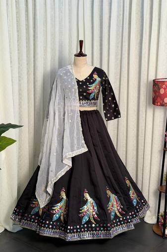  Black Lehenga Choli with Peacock Embroidery & Mirror Work- Full stitched free size