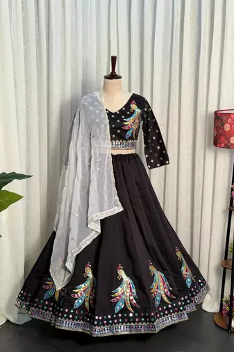  Black Lehenga Choli with Peacock Embroidery & Mirror Work- Full stitched free size