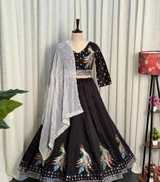  Black Lehenga Choli with Peacock Embroidery & Mirror Work- Full stitched free size