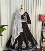  Black Lehenga Choli with Peacock Embroidery & Mirror Work- Full stitched free size