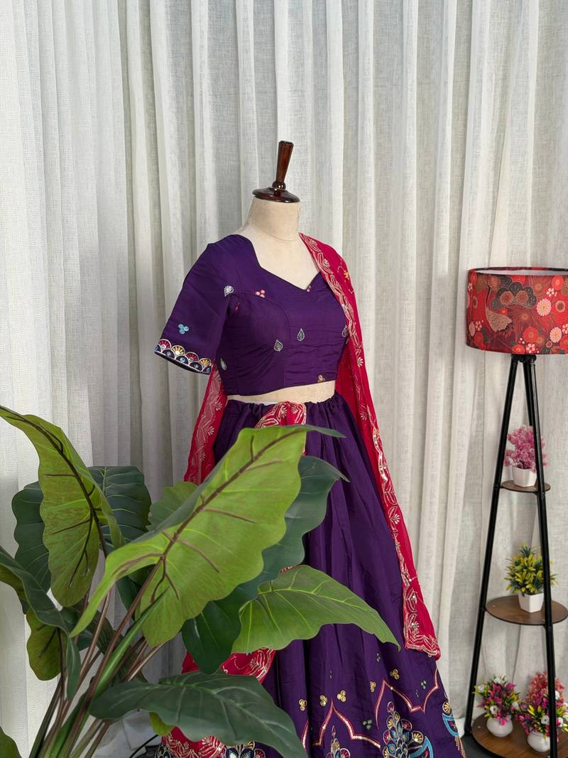  Purple Roman Silk Lehenga Choli- Full stitched free size