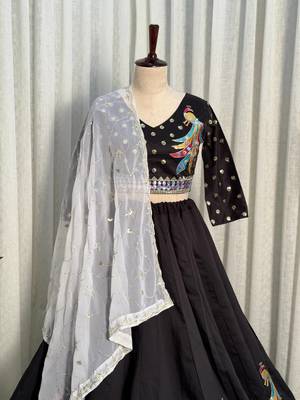  Black Lehenga Choli with Peacock Embroidery & Mirror Work- Full stitched free size 2