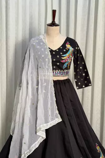  Black Lehenga Choli with Peacock Embroidery & Mirror Work- Full stitched free size