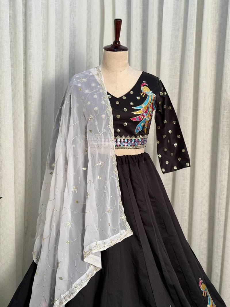  Black Lehenga Choli with Peacock Embroidery & Mirror Work- Full stitched free size