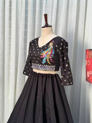  Black Lehenga Choli with Peacock Embroidery & Mirror Work- Full stitched free size 3
