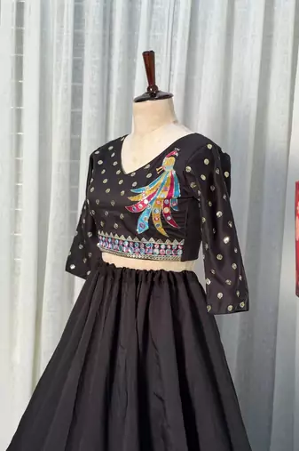  Black Lehenga Choli with Peacock Embroidery & Mirror Work- Full stitched free size
