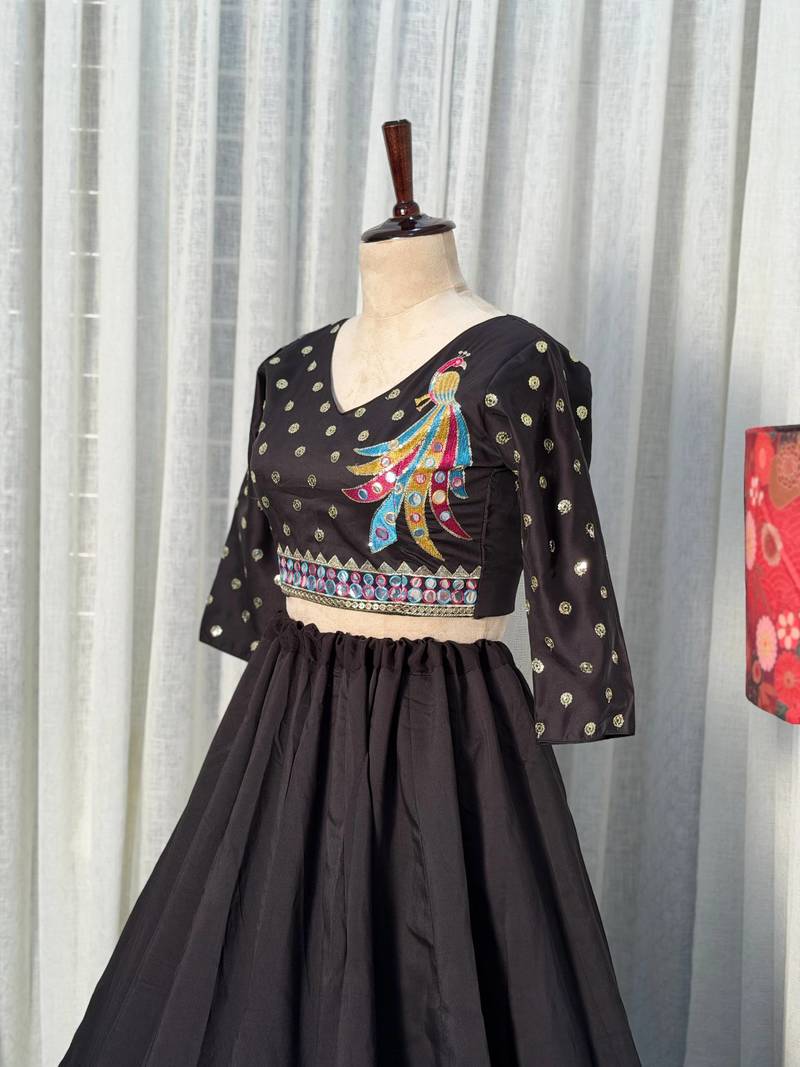  Black Lehenga Choli with Peacock Embroidery & Mirror Work- Full stitched free size