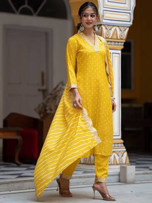 Women Bandhani Embroidered Regular Sequinned Kurta with Trousers & With Dupatta 3